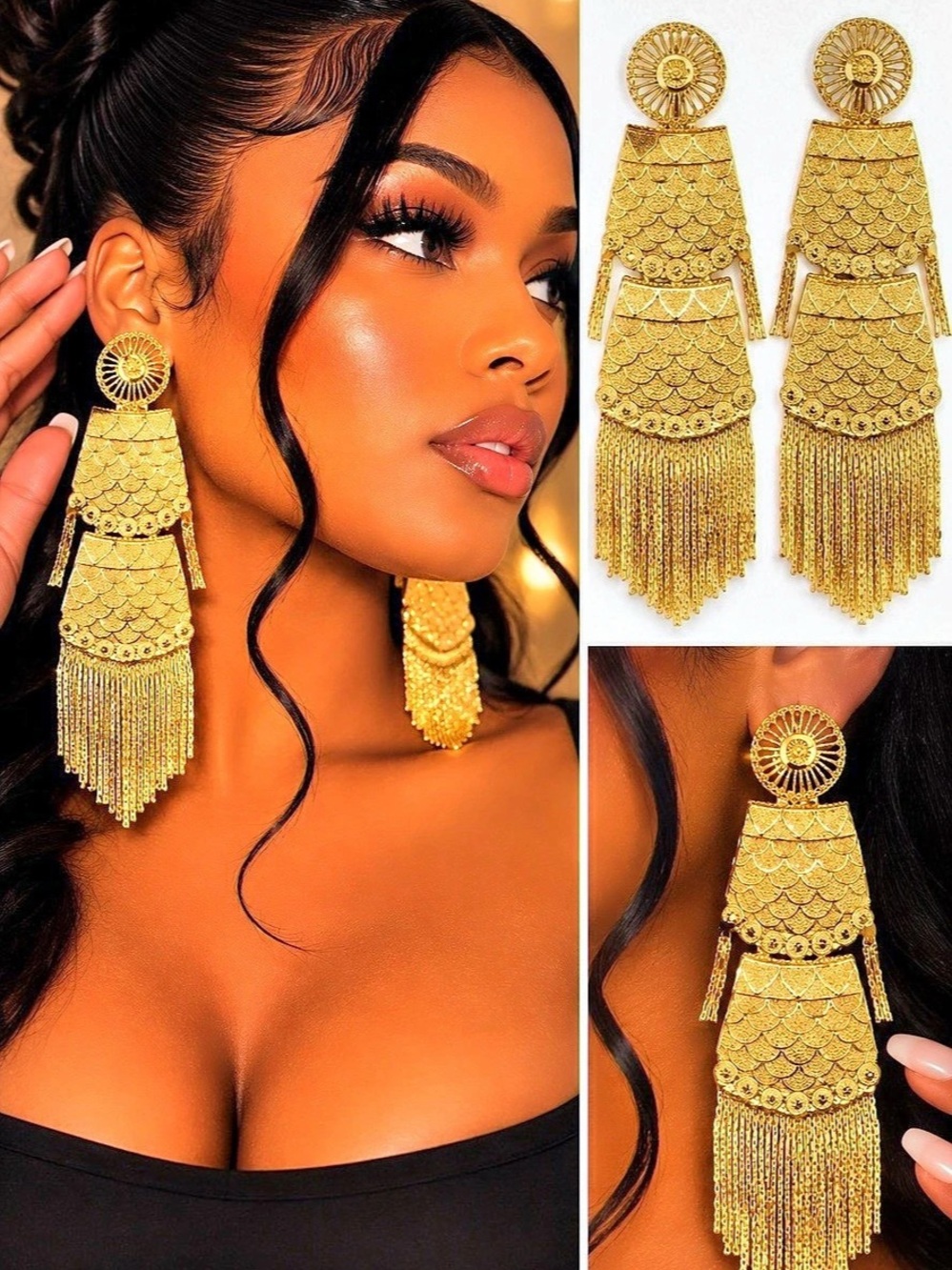 Gold-Tone Statement Fringe Earrings Like New